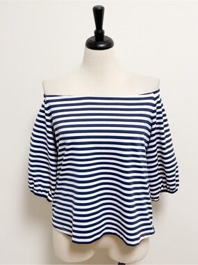 J McLaughlin Navy Blue White Stripe 3/4 Sleeve Off The Shoulders Kay Bangle Top